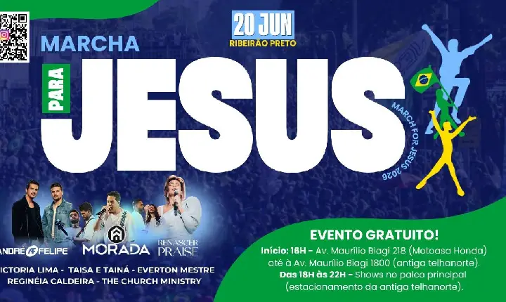 Marcha para Jesus acontece neste sábado, 20 de Junho, em Ribeirão Preto/SP