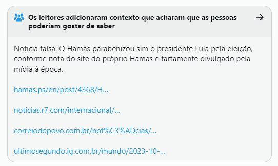 Checagem desmente site de esquerda, sobre Hamas parabenizar Lula